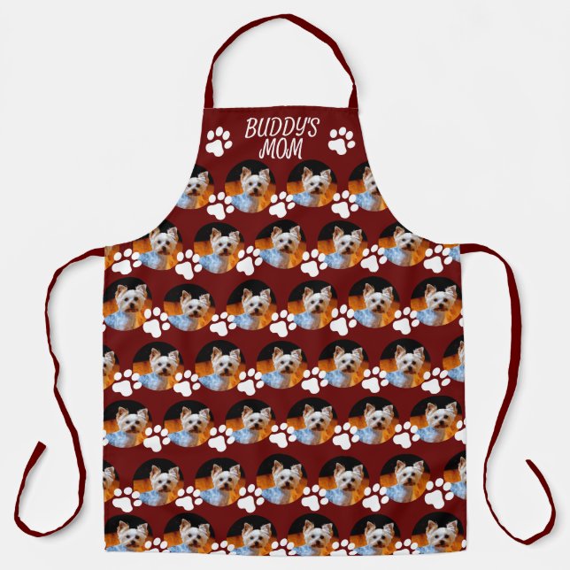 Custom Pet Photo Pattern Name Burgundy w Paw Print Apron (Front)
