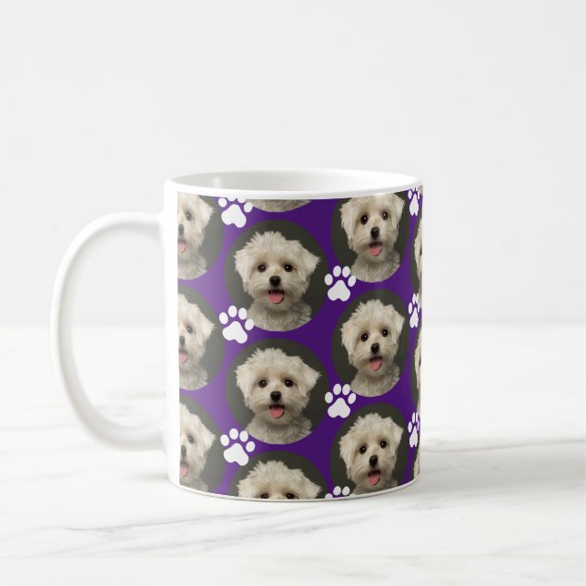 Custom Pet Photo Paw Print Pattern Purple  Coffee Mug (Left)