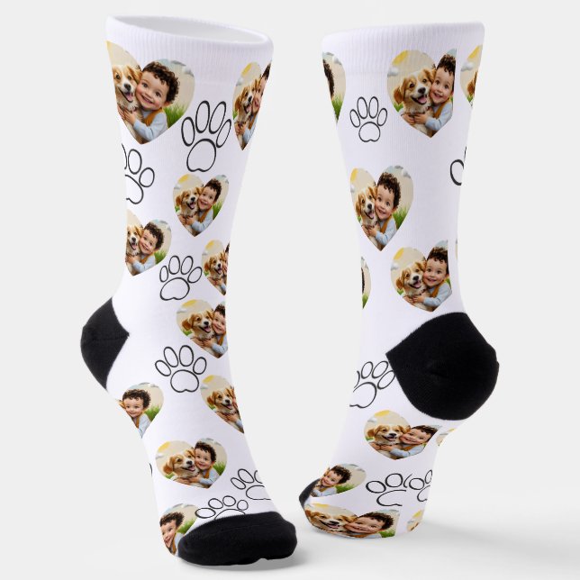 Custom Pet Photo & Paw Prints Black Socks (Angled)