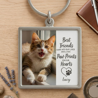 Custom Pet Photo Paw Prints on Our Hearts Memorial Key Ring
