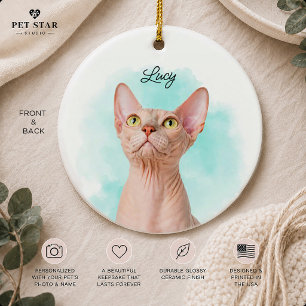 Custom Pet Photo Portrait + Text Watercolor Green Ceramic Tree Decoration