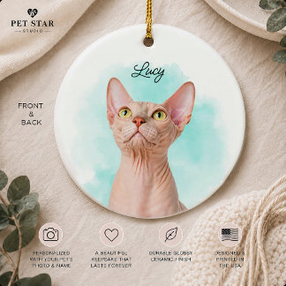 Custom Pet Photo Portrait + Text Watercolor Green  Ceramic Tree Decoration