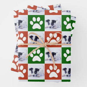 Custom Pet Photo Red and Green Paw Print Pattern Wrapping Paper Sheet