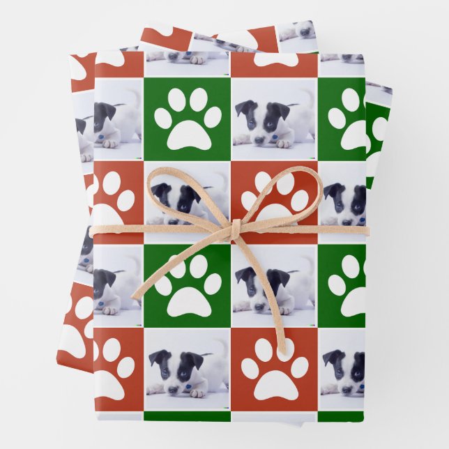 Custom Pet Photo Red and Green Paw Print Pattern Wrapping Paper Sheet (In situ)