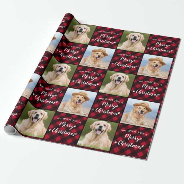 Custom Pet Photo Red Buffalo Plaid Merry Christmas Wrapping Paper (Unrolled)