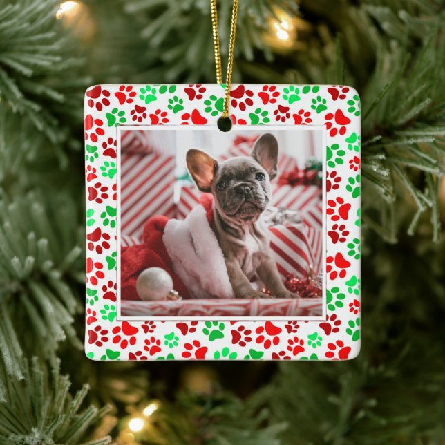 Custom Pet Photo Red Green Paw Print Christmas Ceramic Ornament (Tree)