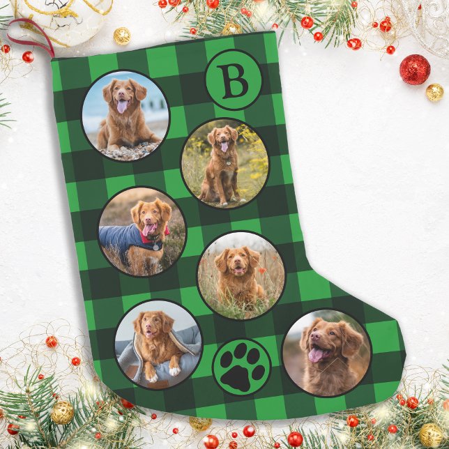 Custom Pet Photo Rustic Green Black Buffalo Plaid Small Christmas Stocking (Creator Uploaded)