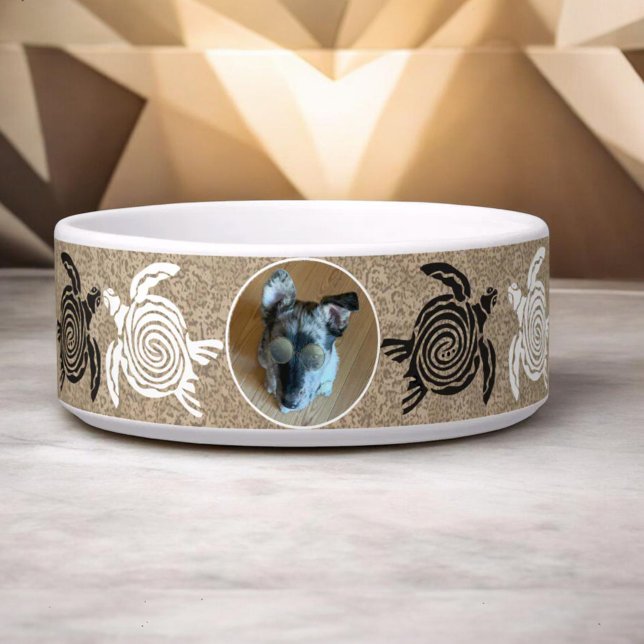 Custom Pet Photo Sandy Beach Turtles Bowl (Custom photo ceramic pet bowl with tribal art turtles around the outside of the bowl.)