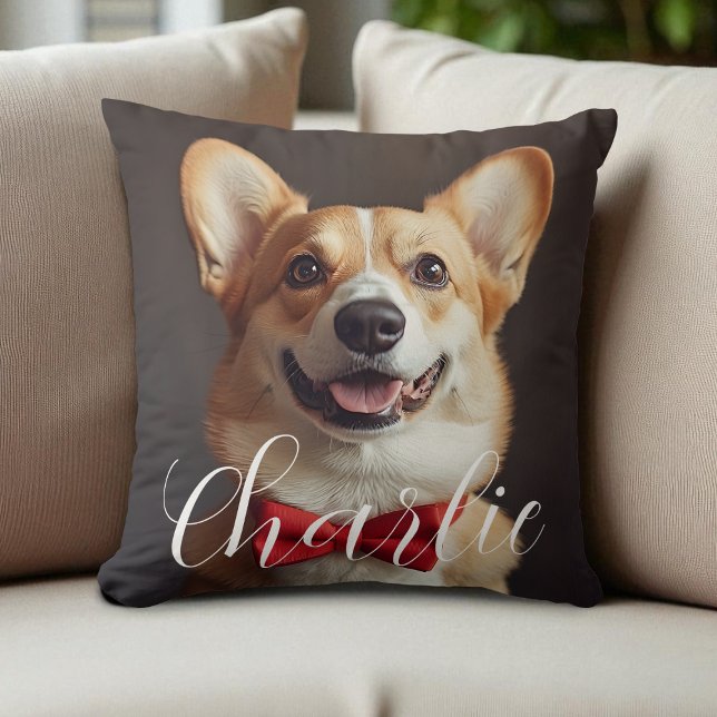 Custom Pet Photo Script Name Simple Calligraphy Cushion (Custom Pet Photo Script Name Simple Calligraphy Throw Pillow)