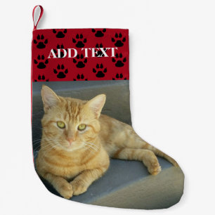 Custom Pet Photo Tabby Cat Paw Prints Red Small Christmas Stocking