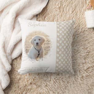 Custom Pet Photo Template On Beige & Paws And Text Cushion