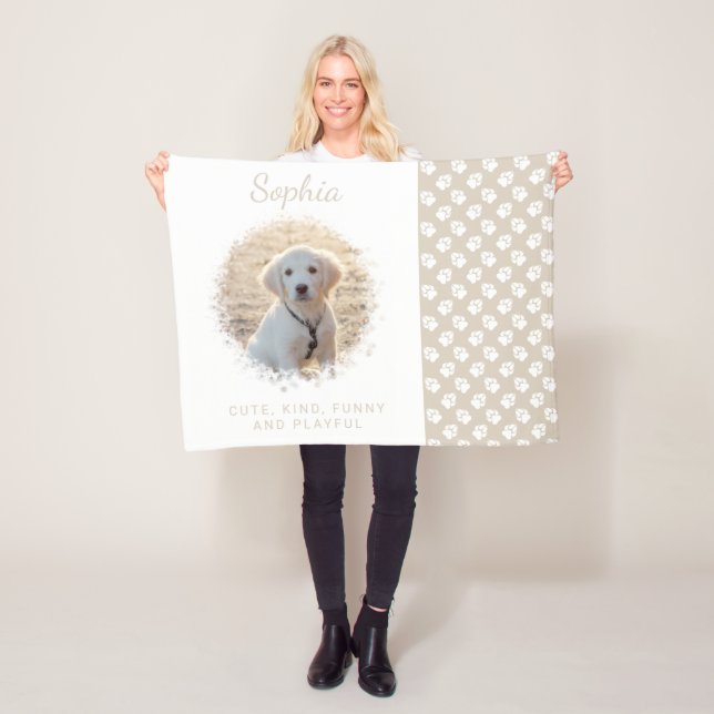 Custom Pet Photo Template On Beige & Paws And Text Fleece Blanket (In Situ)