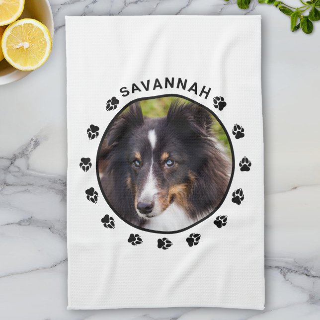 Custom Pet Photo Template With Paws & Text Tea Towel (Creator Uploaded)