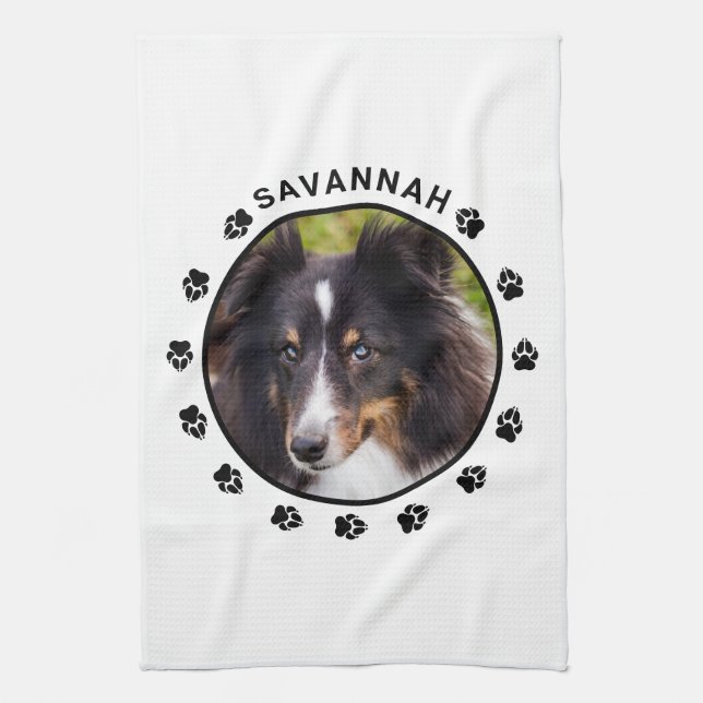Custom Pet Photo Template With Paws & Text Tea Towel (Vertical)