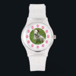 Custom Pet Photo Watch - Pink Paw Prints<br><div class="desc">A watch featuring a pink paw prints with numerals.  Personalise with your own pet photo upload at centre.</div>