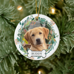 Custom Pet Photo Watercolor Greenery Floral Wreath Ceramic Tree Decoration