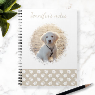 Custom Pet Photo & White Paws On Beige & Your Text Notebook