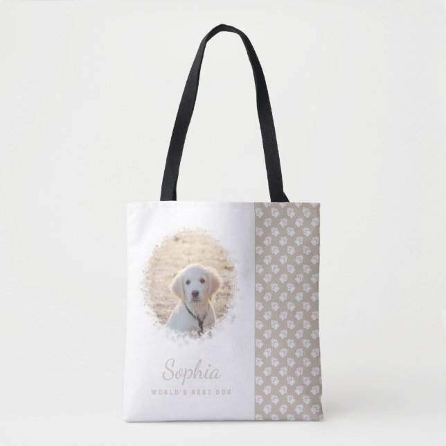 Custom Pet Photo & White Paws On Beige & Your Text Tote Bag (Front)