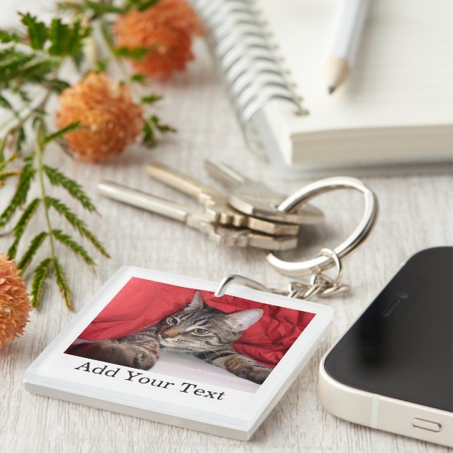 Custom Pet Photo With Funny Text Personalised Cat Key Ring (Front Right)