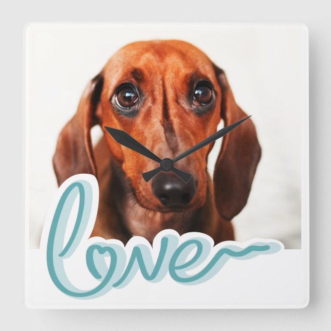 Custom Pet Photo with LOVE in Blue Typography  Square Wall Clock (Front)