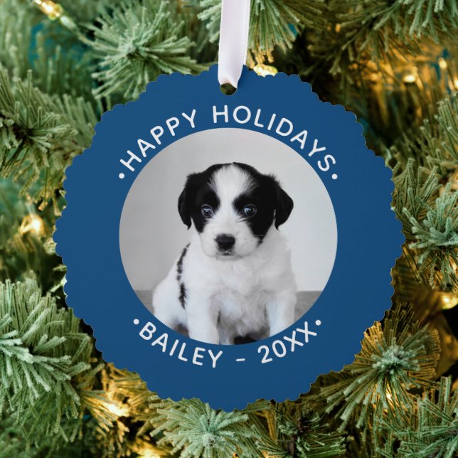 Custom Pet Photo with Name Blue Border Holiday Tree Decoration Card (Insitu (Tree))
