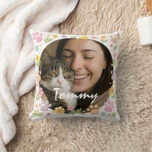 Custom Pet Photo with Name   Paw Prints & Floral Cushion