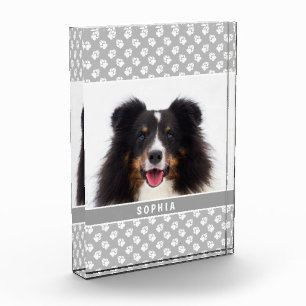 Custom Pet Photo With White Paws On Grey & Name Block