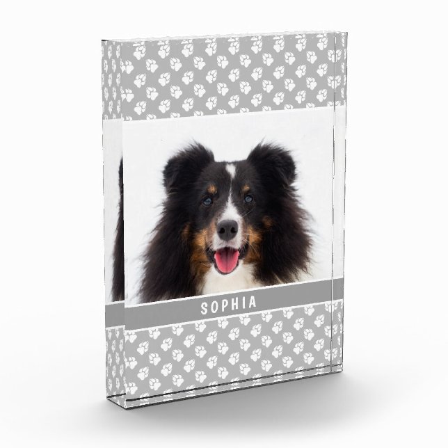 Custom Pet Photo With White Paws On Grey & Name Block (Left)