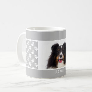Custom Pet Photo With White Paws On Grey & Name Coffee Mug