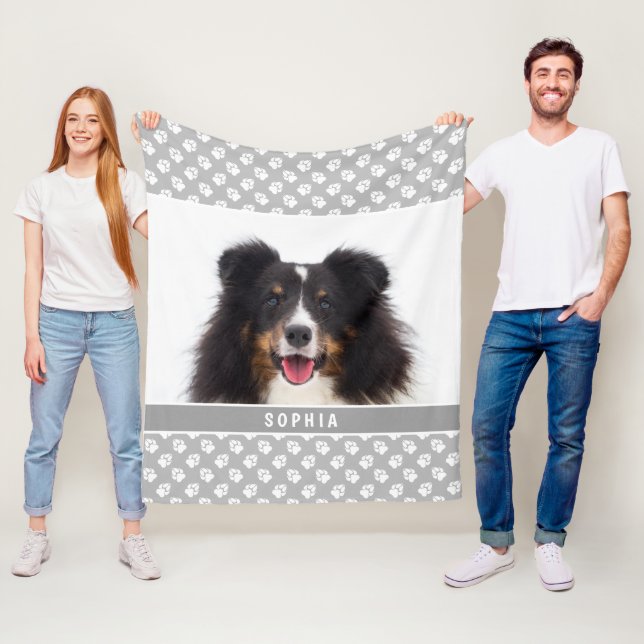Custom Pet Photo With White Paws On Grey & Name Fleece Blanket (In Situ)