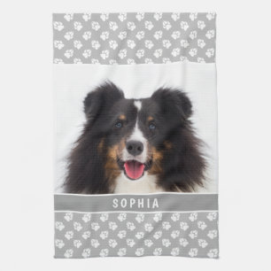 Custom Pet Photo With White Paws On Grey & Name Tea Towel