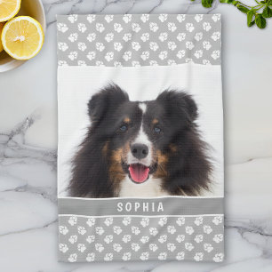 Custom Pet Photo With White Paws On Grey & Name Tea Towel