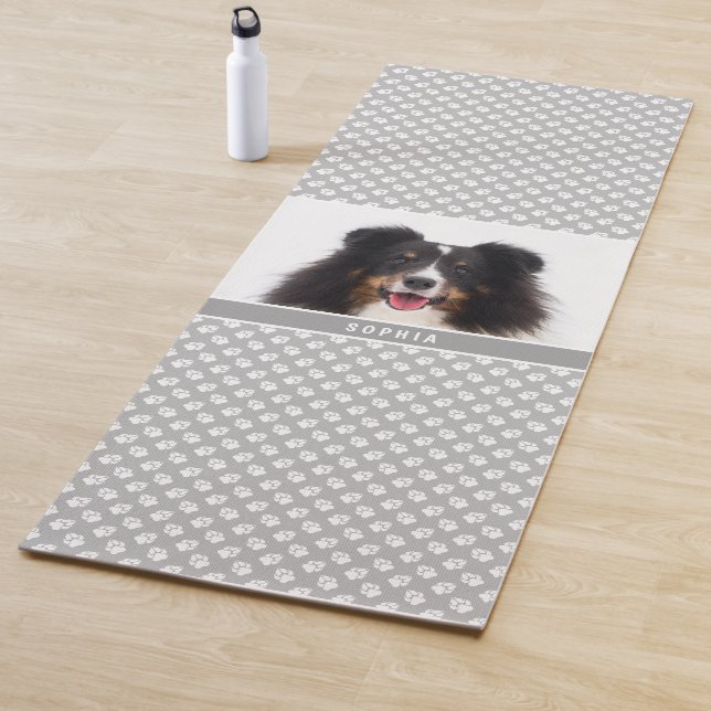 Custom Pet Photo With White Paws On Grey & Name Yoga Mat (In Situ)