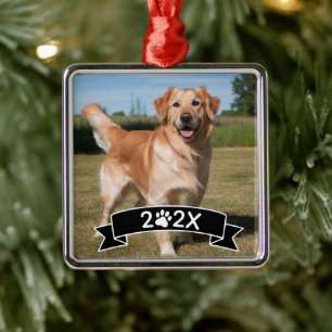 Custom Pet Photo with Year and Paw Ribbon Metal Tree Decoration