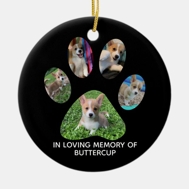 Custom Pet Photograph Paw Print Tribute Ceramic Tree Decoration (Front)