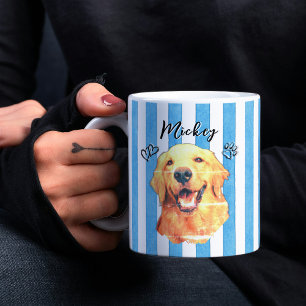 Custom Pet Portrait Photo Blue Watercolor Stripes Coffee Mug