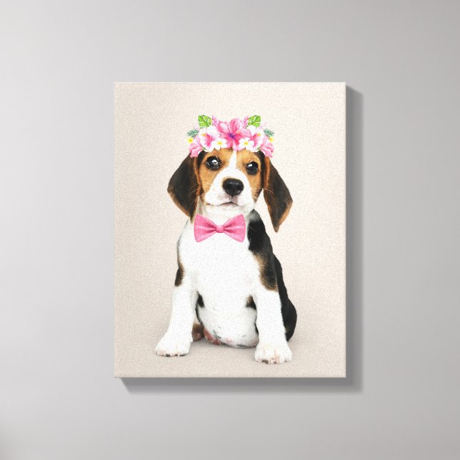 Custom pet portrait with flowers and bow tie canvas print (Front)