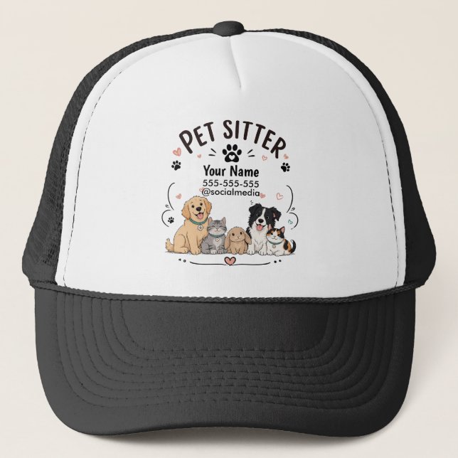Custom Pet Sitter Trucker Hat Cute Cartoon Pets (Front)