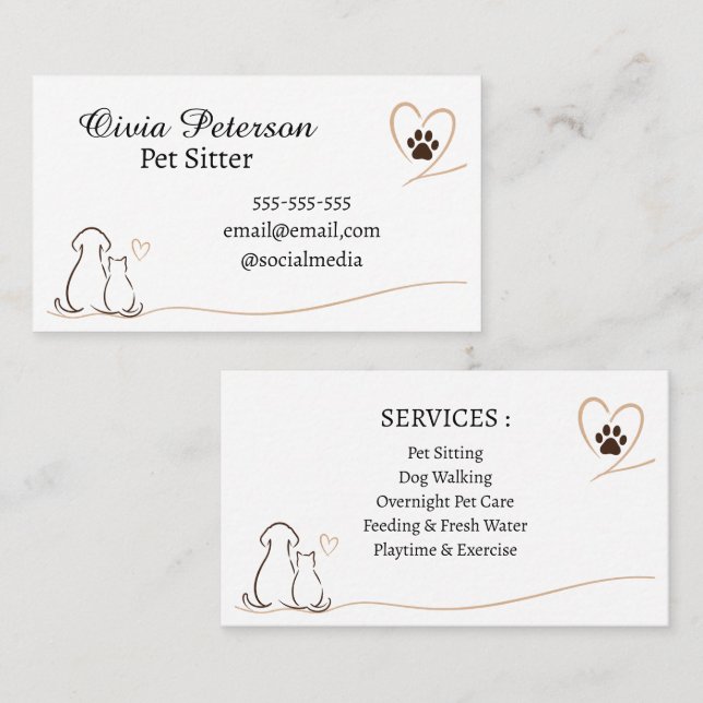 Custom Pet Sitter With Cute Dog & Cat Design Business Card (Front/Back)