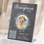 Custom Pet Wedding Dog Photo Honeymoon Fund Pedestal Sign<br><div class="desc">Let your best dog be in charge of your honeymoon with this custom pet photo honeymoon fund sign. Perfect for dog lovers, and a dog honeymoon fund will be a hit at your wedding. Rustic chalkboard with eucalyptus leaves. "My Parents Honeymoon Fund" Customise this pet wedding honeymoon fund sign with...</div>