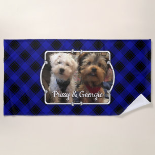 Custom Pets Photo Frame Classic Blue & Black Plaid Beach Towel