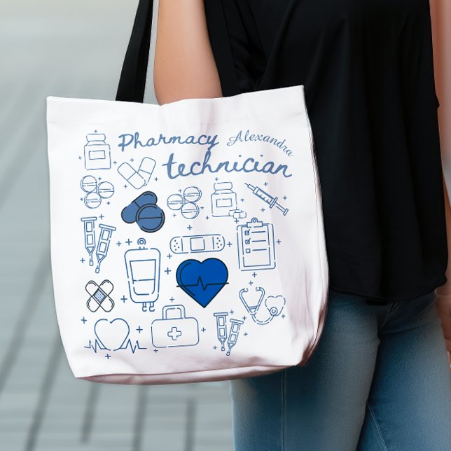 Custom Pharmacy Technician Blue Doodle Line Art Tote Bag (Creator Uploaded)