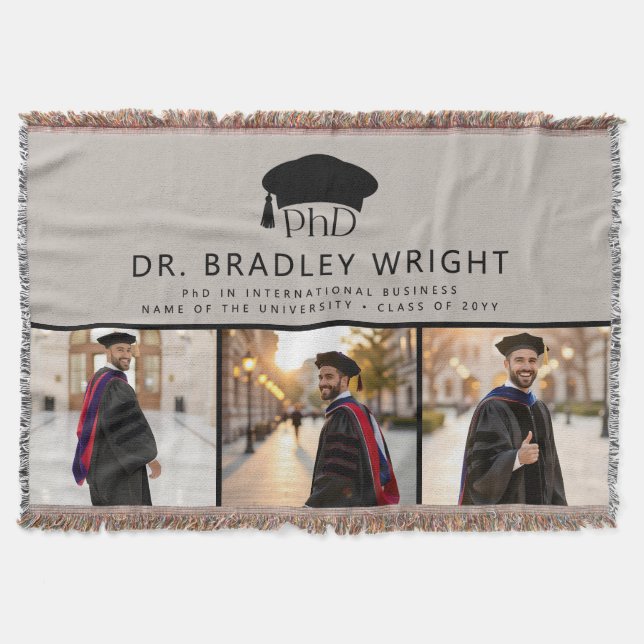 Custom PhD Doctoral Grad Hat Doctoral Graduation Throw Blanket (Front)