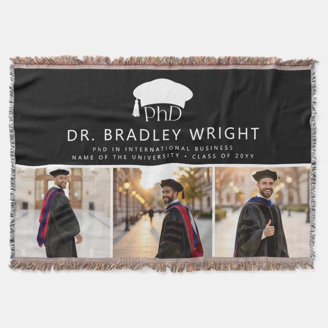 Custom PhD Doctoral Grad Hat Doctoral Graduation Throw Blanket (Front)