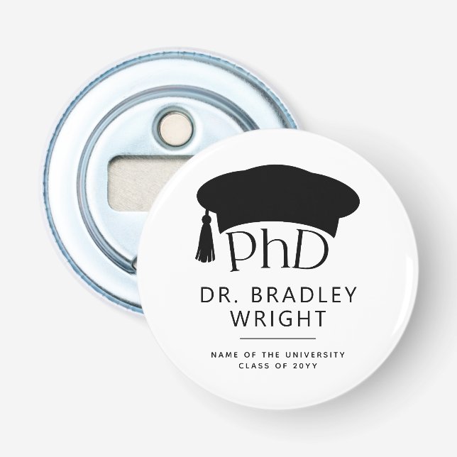 Custom PhD Doctoral Hat Doctoral Degree Graduation Bottle Opener (Front)