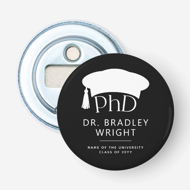 Custom PhD Doctoral Hat Doctoral Degree Graduation Bottle Opener (Front)