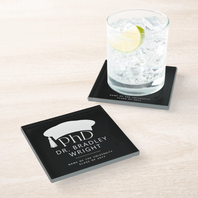 Custom PhD Doctoral Hat Doctoral Degree Graduation Glass Coaster (Angled)