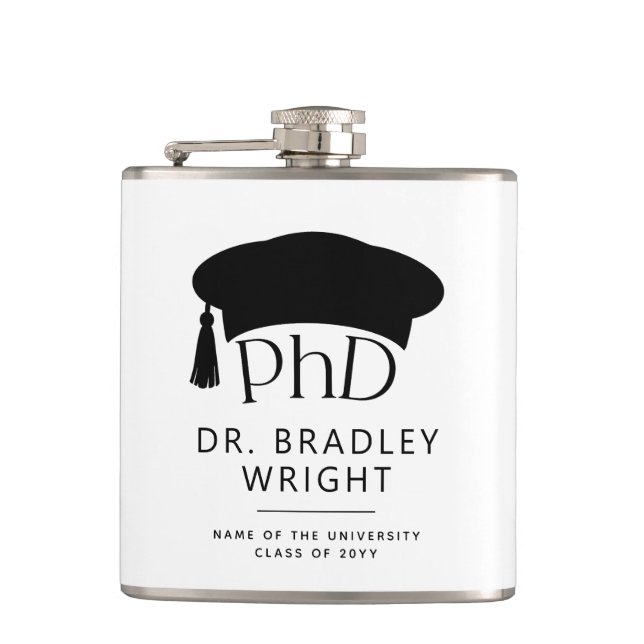 Custom PhD Doctoral Hat Doctoral Degree Graduation Hip Flask (Front)