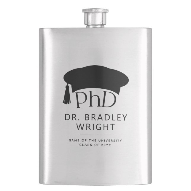 Custom PhD Doctoral Hat Doctoral Degree Graduation Hip Flask (Front)