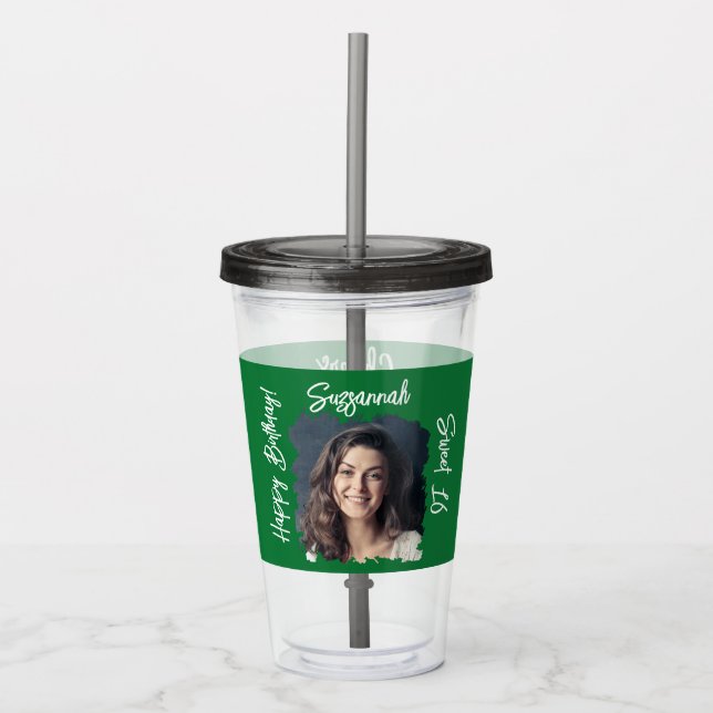 Custom Photo 16th Happy Birthday Green Template Acrylic Tumbler (Front)